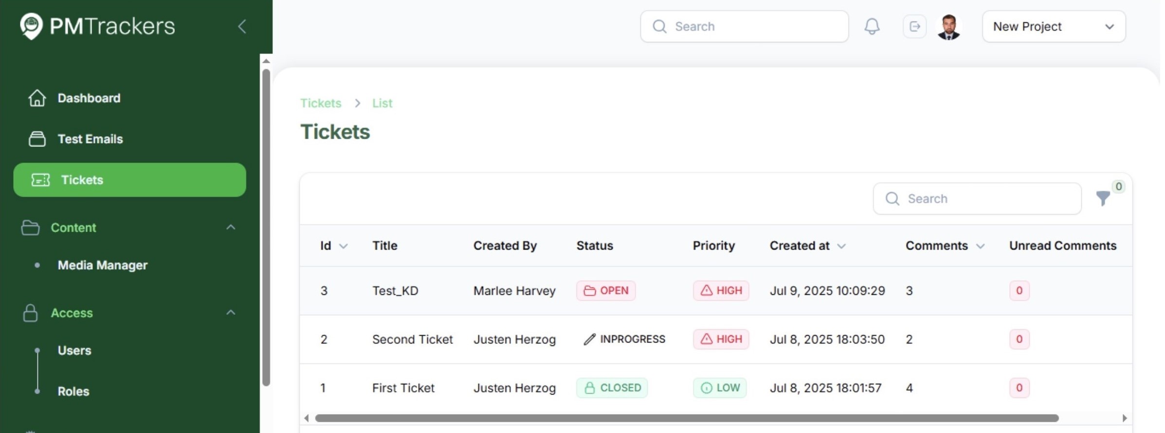 PMTrackers dashboard showing deliverable tracking and project review workflow
